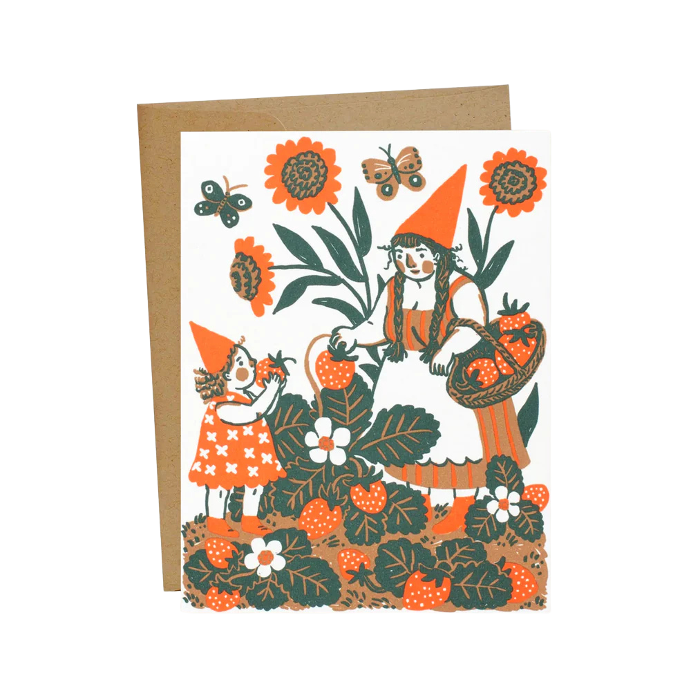 Strawberry Picking Gnome Card